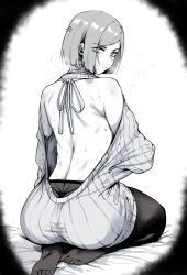  1girl absurdres anger_vein ass backless_outfit commentary english_commentary from_behind frown greyscale highres jujutsu_kaisen kugisaki_nobara looking_at_viewer looking_back masoq median_furrow meme_attire monochrome pantyhose seiza short_hair shoulder_blades simple_background sitting solo sweat virgin_killer_sweater 