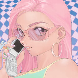  1990s_(style) 1girl album_cover cellphone cellphone_charm charm_(object) checkered_background cover earrings flip_phone green_shirt heart highres holding holding_phone hoop_earrings jewelry korean_commentary long_hair looking_at_viewer original parted_lips phone pink-framed_eyewear pink_eyes pink_hair pink_lips portrait purple_nails retro_artstyle shirt sleeveless sleeveless_shirt solo sunglasses yue_(yung_n_dum_) 