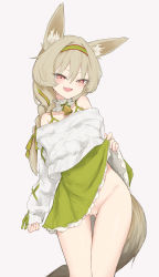  1girl absurdres arknights bare_shoulders beanstalk_(arknights) beanstalk_(gift_uncompleted)_(arknights) blush braid brown_hair clothes_lift cowboy_shot cropped_sweater dress dress_lift fang frilled_dress frills gluteal_fold green_dress green_hairband green_ribbon groin hair_ribbon hairband half-closed_eyes highres hyena_ears hyena_girl hyena_tail kidzuchi lifting_own_clothes long_hair long_sleeves looking_at_viewer no_panties off-shoulder_sweater off_shoulder official_alternate_costume one-piece_swimsuit open_mouth pussy ribbon single_braid sketch smile solo sweater swimsuit thighs uncensored white_one-piece_swimsuit  rating:Explicit score:84 user:danbooru