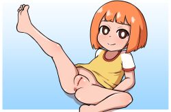 1girl absurdres anus arm_rest barefoot blue_background brown_eyes cleft_of_venus closed_mouth daughter_(yoru_mac) drc1369 fat_mons feet female_focus foot_out_of_frame gradient_background highres leg_up loli looking_at_viewer mcdonald&#039;s orange_hair paid_reward_available pussy raglan_sleeves shirt short_hair short_sleeves smile soles solo spread_legs thighs toes uncensored yellow_shirt yoru_mac rating:Explicit score:188 user:MonsieurCinq