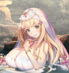  1girl animated animated_gif blonde_hair bouncing_breasts breasts cleavage destiny_child green_eyes huge_breasts large_breasts long_hair lowres miriam_(destiny_child) mole mole_under_mouth solo water  rating:Sensitive score:47 user:ishimaruXIII