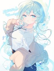  1girl :o blue_eyes blue_hair blue_pants blush breasts brown_jacket collared_shirt commission flower hair_between_eyes hair_flower hair_ornament hand_up highres ice ice_cube indie_virtual_youtuber jacket jewelry komomo_(2899) long_hair long_sleeves looking_at_viewer low_twintails medium_breasts neck_ribbon off_shoulder open_clothes pants parted_lips pendant ribbon shirt signature skeb_commission sleeves_past_wrists solo twintails white_background white_shirt 