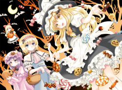 3girls alice_margatroid apron basket bat_(animal) bat_hair_ornament black_bow blonde_hair bloomers blue_dress blue_eyes bow candy capelet closed_mouth commentary_request crescent crescent_hat_ornament crescent_moon cross_hair_ornament doll dress food frilled_hairband frills hair_bow hair_ornament hairband halloween hat hat_bow hat_ornament jack-o&#039;-lantern jack-o&#039;-lantern_hat_ornament kirisame_marisa komiru lolita_hairband lollipop long_hair long_sleeves mob_cap moon multiple_girls open_mouth orange_bow patchouli_knowledge purple_dress purple_eyes purple_hair red_bow red_hairband shanghai_doll short_hair short_sleeves smile striped_clothes striped_dress touhou underwear vertical-striped_clothes vertical-striped_dress waist_apron white_apron white_bloomers white_bow white_capelet witch_hat yellow_eyes 