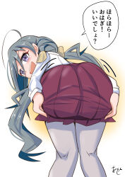  1girl ahoge akashieru ass ass_focus collared_shirt commentary_request dress_shirt feet_out_of_frame grey_eyes grey_hair grey_pantyhose highres kantai_collection kiyoshimo_(kancolle) looking_at_viewer looking_back low_twintails one-hour_drawing_challenge pantyhose purple_skirt school_uniform shirt skirt solo translation_request twintails white_shirt 