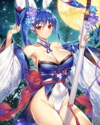  1girl animal_ears back_bow bare_shoulders blue_hair blush bow breasts cleavage closed_mouth collarbone commission covered_navel cowboy_shot detached_collar detached_sleeves fake_animal_ears flower full_moon hair_flower hair_ornament hands_up highleg highleg_leotard holding holding_sword holding_weapon japanese_clothes kimono large_breasts leotard long_hair looking_at_viewer moon munlu_(wolupus) night night_sky obi original ponytail rabbit_ears red_bow red_eyes sash sheath sheathed skeb_commission sky solo susuki_grass sword thighs tsukimi weapon white_leotard wide_sleeves 