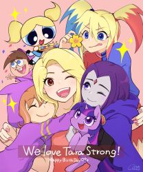  1boy 6+girls animification barbara_gordon blonde_hair bubbles_(ppg) crossover crown dc_comics dc_super_hero_girls flower forehead_jewel group_hug happy_birthday harley_quinn highres hood hoodie horns hug looking_at_viewer multicolored_hair multiple_girls my_little_pony my_little_pony:_friendship_is_magic open_mouth orange_hair powerpuff_girls purple_hair raven_(dc) single_horn smile tara_strong teen_titans the_fairly_oddparents timmy_turner tongue tongue_out toon_(style) twilight_sparkle twintails two-tone_hair unicorn urucra voice_actor_connection 