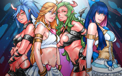  10s 4girls arm_garter armlet blonde_hair blue_eyes blue_hair blunt_bangs bracelet breasts bridal_gauntlets choker cleavage collar colored_skin corset demon_girl elbow_gloves eyeshadow fang glasses gloves green_eyes green_hair heart hime_cut horns jewelry jitome kneesocks_(psg) large_breasts lips lipstick long_hair looking_at_viewer lots_of_jewelry makeup midriff miniskirt multicolored_hair multiple_girls navel panty_&amp;_stocking_with_garterbelt panty_(psg) pink_hair pink_lips pointy_ears ponytail red_skin scanty_(psg) siblings single_horn sisters skirt sleeveless smile spiked_collar spikes stocking_(psg) take_(draghignazzo) two-tone_hair  rating:Sensitive score:34 user:askws