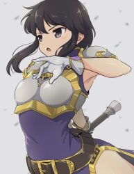  1girl arched_back armor armpits belt black_hair breastplate fire_emblem fire_emblem:_genealogy_of_the_holy_war gloves holding holding_sword holding_weapon larcei_(fire_emblem) nintendo open_mouth purple_tunic shoulder_armor sidelocks simple_background solo sword tekology tomboy tunic weapon 