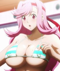  1girl bikini blush breasts celia_ootsuka covered_erect_nipples female_focus heart heart-shaped_pupils highres huge_breasts long_hair maken-ki! open_mouth pink_eyes pink_hair screencap solo stitched striped_bikini striped_clothes sweat swimsuit symbol-shaped_pupils takami_akio third-party_edit upper_body  rating:Questionable score:138 user:arutos