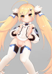 1girl absurdres ahoge azur_lane bare_shoulders blonde_hair blush breasts cleft_of_venus covered_navel detached_sleeves eldridge_(azur_lane) female_focus fur_trim gluteal_fold highres huge_ahoge loli long_hair looking_down nipples pussy simple_background small_breasts solo standing takio_(kani_sama) thighhighs twintails uncensored white_thighhighs yellow_eyes rating:Explicit score:54 user:Domestic_Importer