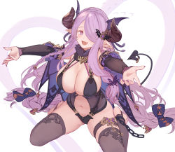 1girl :d black_thighhighs breasts cleavage demon_tail detached_sleeves fang fingernails granblue_fantasy hair_over_one_eye halloween_costume highres horns large_breasts long_fingernails long_hair looking_at_viewer nail_polish narmaya_(granblue_fantasy) navel open_mouth purple_eyes purple_hair purple_nails seiza simple_background sitting smile solo tail thigh_strap thighhighs u_jie very_long_hair white_background rating:Sensitive score:48 user:danbooru