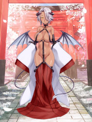  1girl bare_hips bare_shoulders breasts chain_paradox character_request cherry_blossoms cocytus_(wind_master) column commentary_request dark-skinned_female dark_skin demon_girl demon_horns demon_tail demon_wings detached_sleeves falling_petals full_body grey_hair groin hair_over_one_eye highres horns large_breasts looking_at_viewer medium_hair mole mole_under_mouth multiple_torii o-ring petals pillar revealing_clothes shiny_skin sleeves_past_fingers sleeves_past_wrists smile solo standing tail thigh_gap torii tree white_petals wide_sleeves wings yellow_eyes 