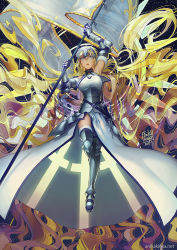  1girl 2017 anikakinka armor armored_boots armored_dress banner blue_eyes blue_gloves boots breasts dress elbow_gloves fate/apocrypha fate_(series) full_body fur_trim gauntlets gloves holding holding_weapon jeanne_d&#039;arc_(fate) jeanne_d&#039;arc_(ruler)_(fate) jeanne_d&#039;arc_(third_ascension)_(fate) large_breasts leg_up long_hair sheath sheathed signature sleeveless sleeveless_dress solo sword thighhighs very_long_hair weapon white_dress  rating:Sensitive score:6 user:danbooru