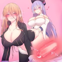  2girls absurdres all_fours ass azur_lane bismarck_(azur_lane) black_footwear black_headwear black_jacket blue_eyes boots braid breasts buttons censored cleavage coat commission detached_sleeves double-breasted french_braid fur-trimmed_boots fur_trim futa_with_female futanari gold_trim hair_between_eyes highres huge_breasts jacket kneeling long_hair mosaic_censoring multicolored_coat multiple_girls penis pink_background pixiv_commission purple_coat purple_eyes purple_hair rikuguma rodney_(azur_lane) sex simple_background teeth thigh_boots thighhighs two-tone_coat vaginal very_long_hair white_coat white_footwear x-ray  rating:Explicit score:72 user:danbooru