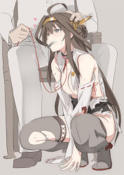 10s 1boy 1girl admiral_(kancolle) ahoge bdsm blush breasts brown_hair chair collar damaged hand_on_another&#039;s_head headpat heart heart-shaped_lock heart-shaped_pupils kantai_collection kongou_(kancolle) leash lock mouth_hold ningen_(ningen96) nipples nontraditional_miko pet_play pussy_juice sitting squatting sweat symbol-shaped_pupils thighhighs torn_clothes torn_legwear zipper rating:Explicit score:85 user:danbooru