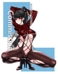  1girl absurdres arms_up artist_name black_bodysuit black_footwear black_hair black_panties blue_background blunt_bangs blush bodysuit breasts brown_eyes brown_thighhighs checkered_clothes closed_mouth clothing_cutout commentary commentary_request commission cropped_hoodie dogs_(dlrkdejr26) english_commentary eve_(stellar_blade) high_heels highres hood hoodie korean_commentary large_breasts long_hair looking_at_viewer mixed-language_commentary navel panties ponytail racer&#039;s_high_(stellar_blade) red_hoodie solo squatting stellar_blade thighhighs thighs two-tone_background underwear very_long_hair white_background  rating:Sensitive score:16 user:danbooru