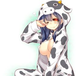 1girl animal_hood animal_print black_hair blush breasts brown_eyes covered_erect_nipples cow_girl cow_print female_focus gradient_background hood large_breasts lethe-shion long_hair looking_at_viewer one_eye_closed open_clothes pajamas revision sleepy solo rating:Questionable score:18 user:danbooru