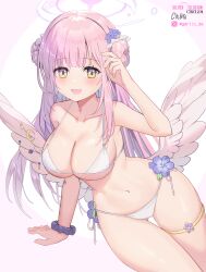  1girl alternate_costume angel_wings bikini blue_archive blush breasts feet_out_of_frame flower hair_flower hair_ornament halo hand_up highres jaeyun large_breasts long_hair looking_at_viewer low_wings mika_(blue_archive) navel open_mouth pink_hair side_up_bun sideboob simple_background smile solo stomach swimsuit thighs underboob very_long_hair white_background white_bikini wings yellow_eyes 