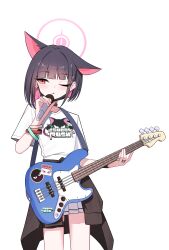  1girl ;o absurdres animal_ears bass_guitar black_cardigan black_hair blue_archive blush bracelet cardigan cardigan_around_waist cat_ears clothes_around_waist colored_inner_hair earrings extra_ears halo highres holding holding_bass holding_microphone instrument jewelry kazusa_(band)_(blue_archive) kazusa_(blue_archive) logo microphone multicolored_hair nord_(expc4752) one_eye_closed pink_eyes pleated_skirt print_shirt ring shirt short_hair short_sleeves simple_background skirt solo stud_earrings two-tone_hair white_background white_shirt white_skirt 