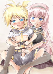 1girl age_difference bar_censor blonde_hair blouse blue_eyes blush breasts censored clothed_female_nude_male clothes_lift erection hairband handjob kagamine_len large_breasts megurine_luka necktie nipple_stimulation nipple_tweak nude older_woman_and_younger_man on_floor onee-shota open_fly open_mouth penis penis_out pink_hair shirt shirt_lift shorts shota simple_background sitting sitting_on_lap sitting_on_person video_game video_game_controller vocaloid  rating:Explicit score:11 user:TheCorruptor