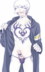 1boy abs black_hair blush bound_penis cheese_neko3 chest_tattoo coat erection facial_hair goatee hand_tattoo highres male_focus navel one_piece open_clothes panties penis short_hair side-tie_panties solo tattoo trafalgar_law underwear