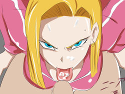  1boy 1girl android_18 blonde_hair blue_eyes bob_cut breasts clothed_female_nude_male cum cum_in_mouth cum_on_tongue dragon_ball dragonball_z earrings eyebrows eyelashes facial fellatio from_above hetero highres hoop_earrings jacket jewelry large_breasts licking looking_at_viewer nier_(artist) nude oral penis pink_clothes pov scowl short_hair solo_focus tongue tongue_out track_jacket track_suit uncensored 