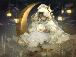1girl artist_name barefoot bridal_veil brown_eyes brown_hair brown_tassel commentary_request crescent crescent_hat_ornament cupping_hands demizu_posuka dress full_body glowing hat_ornament highres lantern layered_dress lower_teeth_only open_mouth original outdoors own_hands_together short_hair solo star_(symbol) tassel teeth upper_teeth_only veil white_dress rating:General score:8 user:danbooru