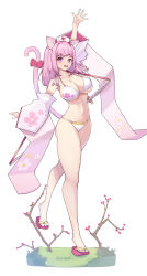  1girl absurdres animal_ear_fluff animal_ears arm_up bikini bow branch breasts cat_ears cherry_blossom_print detached_sleeves fang floral_print flower full_body geta hat highres indie_virtual_youtuber katana large_breasts long_hair looking_at_viewer navel no_socks nonoro_(potato461) nurse_cap open_mouth pink_eyes pink_hair pink_tail red_bow skin_fang smile solo stomach swimsuit sword tail tail_bow tail_ornament tenshouin_himeno virtual_youtuber walking waving weapon white_background white_bikini wide_sleeves 