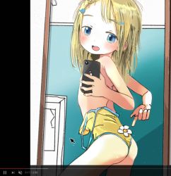  1girl artist_request ass bad_id bad_pawoo_id blonde_hair blush cellphone flat_chest flower leotard loli masuda_(yousaytwosin) mirror model phone selfie solo tagme thighs topless  rating:Questionable score:49 user:lolita_express