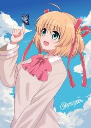  1girl :d ahoge aqua_eyes blonde_hair blue_sky blush bow bug butterfly butterfly_on_hand cloud commentary day eyes_visible_through_hair hair_between_eyes hair_ornament hair_ribbon hand_up happy highres index_finger_raised insect kamikita_komari little_busters! little_busters!_school_uniform long_sleeves looking_at_animal open_mouth outdoors pink_bow red_ribbon ribbon sai_(aysityan) school_uniform short_hair sky smile solo star_(symbol) star_hair_ornament sweater twitter_username two_side_up upper_body yellow_sweater 