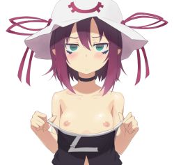  1girl :&lt; bad_id bad_pixiv_id blush breasts choker embarrassed facial_mark frown green_eyes hat hat_ribbon looking_at_viewer memesaso merry_nightmare nipples pointy_ears purple_hair ribbon short_hair simple_background small_breasts solo symbol-shaped_pupils top_pull undressing white_background yumekui_merry  rating:Questionable score:55 user:Xellos