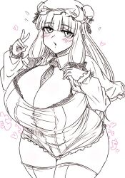  1girl blush bra breasts capelet cleavage commentary_request dress haseru_(ginku_mh) hat heart high_contrast huge_breasts long_hair long_sleeves mob_cap monochrome patchouli_knowledge sidelocks simple_background solo thighhighs touhou underwear v 
