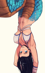  1girl :d absurdres armpits artist_name black_hair breasts cleavage green_eyes green_scales hanging highres lamia large_breasts long_hair monster_girl navel open_mouth original raichiyo33 simple_background smile solo teeth upper_teeth_only upside-down white_background 