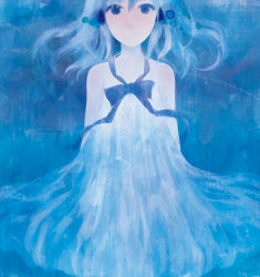  1girl 72_(nananatsu) blue_eyes blue_hair female_focus matching_hair/eyes ribbon short_hair solo underwater water  rating:Sensitive score:1 user:Bolthier