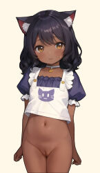 1girl ai-assisted animal_ear_fluff animal_ears arms_at_sides black_hair blush bottomless brown_eyes cat_ears choker cleft_of_venus closed_mouth cowboy_shot dark-skinned_female dark_skin female_focus highres loli looking_at_viewer medium_hair navel puffy_short_sleeves puffy_sleeves pussy short_sleeves solo standing uncensored rating:Explicit score:380 user:rodent