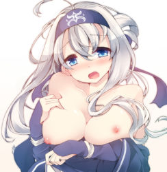 1girl ainu_clothes bandana blue_eyes blush breasts breasts_out fuuen_(akagaminanoka) headband kamoi_(kancolle) kantai_collection large_breasts long_hair looking_at_viewer nipples open_mouth silver_hair solo upper_body white_background rating:Questionable score:6 user:danbooru