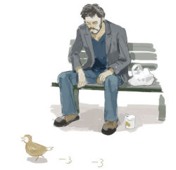  1boy bag beard bench bird coffee eating facial_hair facing_viewer full_body keanu_reeves lowres meme mustache nemurism pigeon plastic_bag real_life simple_background sitting solo white_background  rating:Sensitive score:8 user:headcrab64