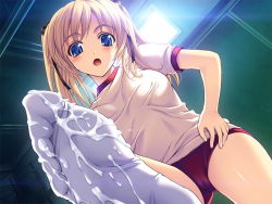  1girl blonde_hair blue_eyes blush buruma cameltoe cum cum_on_body cum_on_clothes cum_on_lower_body feet female_focus foot_focus from_below gym_uniform hair_ribbon hand_on_own_hip hip_focus looking_at_viewer nishizono_aika open_mouth pov ribbon sister_x_sister_~lovevery_sisters~ socks soles solo toma_(asagayatei) twintails  rating:Explicit score:74 user:Kanebou