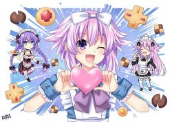 ;d adult_neptune alternate_costume apron bare_shoulders black_dress blue_dress blue_eyes blush braid breasts d-pad dress enmaided frilled_apron frilled_dress frills hair_between_eyes hand_on_own_hip hands_up heart holding holding_heart holding_tray lewdkuma long_hair long_sleeves maid maid_apron maid_headdress medium_breasts medium_hair mini_person minigirl multiple_persona neptune_(neptunia) neptune_(series) one_eye_closed open_mouth power_symbol purple_eyes purple_hair purple_heart_(neptunia) short_sleeves sleeveless sleeveless_dress smile solo_focus standing standing_on_one_leg symbol-shaped_pupils thighhighs tray twin_braids twintails very_long_hair waist_apron white_apron 
