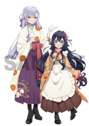  2girls :d ankle_boots apron artist_request beckoning black_footwear blue_eyes blue_hair blunt_ends blush boots bow bow_apron braid brown_hakama brown_skirt buttons clenched_hand closed_mouth cross-laced_footwear curled_fingers dot_nose double-parted_bangs eiai_nano eyelashes eyes_visible_through_hair flower flower_knot frilled_apron frilled_gloves frilled_kimono frilled_shirt_collar frills full_body gloves green_rope green_tassel grey_hair hair_between_eyes hair_bow hair_flower hair_intakes hair_ornament hakama hakama_skirt half_gloves half_updo hand_on_own_chest hand_up hands_up heel_up height_difference high-waist_skirt high_heel_boots high_heels highres japanese_clothes kanzashi kikumon kimi_no_koto_ga_dai_dai_dai_dai_daisuki_na_100-nin_no_kanojo kimono lace-up_boots leaf leaf_print leg_up long_bangs long_hair long_skirt long_sleeves looking_at_viewer low-tied_long_hair maid_apron maple_leaf maple_leaf_print multiple_girls official_art open_mouth pleated_skirt print_kimono purple_bow purple_hakama purple_rope purple_skirt purple_tassel red_bow red_eyes red_rope red_sash red_tassel rope sample_watermark sash shirt shirt_under_kimono side_braid sideways_glance simple_background skirt sleeves_past_wrists smile standing standing_on_one_leg swept_bangs teeth upper_teeth_only very_long_hair waist_bow watermark wavy_hair white_apron white_background white_bow white_gloves white_shirt yellow_kimono yoshimoto_shizuka 