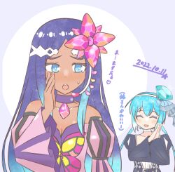  2girls aoki_lapis blue_hair blush breasts choker cleavage closed_eyes dark-skinned_female dark_skin dated detached_sleeves gem gradient_hair hairband headset juliet_sleeves long_hair long_sleeves looking_to_the_side low_twintails merli_(vocaloid) multicolored_hair multiple_girls nose_blush open_mouth own_hands_together puff_and_slash_sleeves puffy_sleeves smile strapless sweat translation_request twintails vocaloid wixa14_shin 