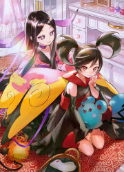  2girls azurill basket black_hair brown_eyes choker closed_mouth commentary_request creatures_(company) curtains dedenne detached_sleeves eyelashes furisode furisode_girl_(pokemon) furisode_girl_kali game_freak gen_3_pokemon gen_6_pokemon hand_up highres indoors japanese_clothes kimono long_hair long_sleeves multiple_girls nintendo orange_mikan parted_bangs parted_lips pokemon pokemon_(creature) pokemon_(game) pokemon_xy purple_choker rug sidelocks sitting twintails valerie_(pokemon) wide_sleeves 