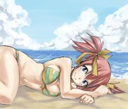  1girl beach bikini blue_eyes breasts cloud day fairy fairy_tail lying mashima_hiro medium_breasts ocean official_art on_side red_hair sheria_blendy smile solo swimsuit twintails  rating:Questionable score:58 user:ghettoway