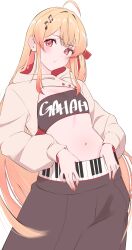  1girl absurdres ahoge blonde_hair clothes_writing clothing_request flat_chest gradient_hair hair_ribbon highres hololive hololive_dev_is inuinuo_gataken light_blush long_hair looking_at_viewer multicolored_hair navel one_side_up orange_nails otonose_kanade piano_print red_eyes red_hair red_ribbon ribbon simple_background solo tagme very_long_hair virtual_youtuber white_background 