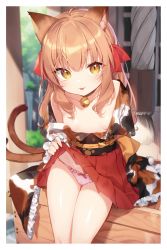 1girl :d animal_ear_fluff animal_ears bare_shoulders bell black_choker blush border breasts brown_eyes brown_hair cat_ears cat_girl cat_tail choker clothes_lift collarbone day fang flashing frilled_skirt frills gluteal_fold groin hair_between_eyes hair_ribbon hakama hakama_lift hakama_short_skirt hakama_skirt highres japanese_clothes jingle_bell lifting_own_clothes long_hair long_sleeves looking_at_viewer miniskirt neck_bell non-web_source obi open_mouth original outdoors panties pink_panties pleated_skirt red_hakama red_ribbon ribbon ribbon_panties sash short_eyebrows sidelocks skirt skirt_lift small_breasts smile solo string_panties tail tail_raised tassel thigh_gap tousaki_shiina underwear white_border wide_sleeves yellow_eyes rating:Questionable score:71 user:danbooru