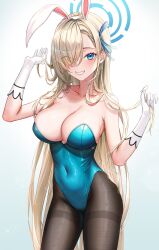 1girl absurdres animal_ears asuna_(blue_archive) asuna_(bunny)_(blue_archive) black_pantyhose blonde_hair blue_archive blue_eyes blue_halo blue_leotard blue_ribbon blush breasts eichi_(skskdi12z) fake_animal_ears gloves grin hair_over_one_eye hair_ribbon halo highres large_breasts leotard long_hair looking_at_viewer mole mole_on_breast pantyhose playboy_bunny rabbit_ears ribbon smile solo white_background white_gloves 