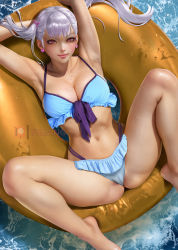  1girl armpits beach bikini black_clover blue_bikini breasts cameltoe cleavage earrings eyelashes jewelry legs_apart looking_at_viewer noelle_silva pink_eyes smile solo spread_legs swimsuit twintails wet white_hair yiqiang  rating:Questionable score:95 user:jayage5ds