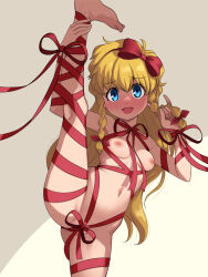  1girl :d blonde_hair blue_eyes blush bow bow_hairband braid breasts castlevania:_rondo_of_blood castlevania_(series) commentary_request full-face_blush groin hair_bow hairband highres kneepits legs long_hair looking_at_viewer maria_renard naked_ribbon navel nipples open_mouth paid_reward_available partially_visible_vulva playing_with_own_hair red_bow red_ribbon ribbon shade side_braids small_breasts smile solo split standing standing_on_one_leg standing_split stupa13a variant_set 
