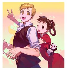  1boy 1girl ;d alphonse_elric animal black_eyes black_hair black_vest blonde_hair blue_pants border breasts buttons china_dress chinese_clothes collared_shirt double_bun dress dress_shirt eyelashes fingernails fullmetal_alchemist gradient_background green_background hair_bun hair_rings hand_up happy heart height_difference high_collar light_blush looking_at_viewer may_chang multicolored_background one_eye_closed open_mouth orange_background panda pants pink_background qin_(7833198) red_dress shirt short_sleeves side-by-side side_slit simple_background sleeves_rolled_up small_breasts smile swept_bangs tareme teeth underboob upper_body upper_teeth_only v veins veiny_arms vest white_border white_shirt xiao-mei yellow_background yellow_eyes 
