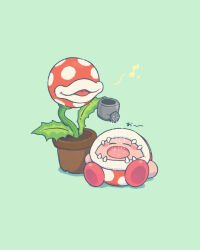  blush_stickers closed_eyes colored_skin eighth_note green_background harukui highres holding holding_watering_can kirby kirby_(series) leaf lying mario_(series) musical_note nintendo on_back open_mouth parted_lips pink_skin piranha_plant plant potted_plant simple_background smile spoken_musical_note super_smash_bros. watering watering_can 